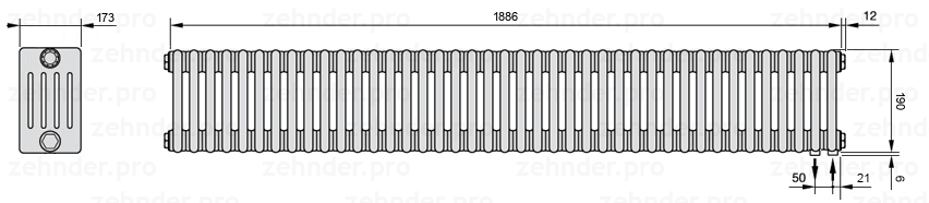 Схема (чертеж) Радиатор Zehnder Charleston 5019/41 №5510 Белый глянцевый RAL 9016
